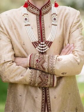 Traditional Cream Sherwani with Maroon Trim - Men's Formal Ethnic Jacket
